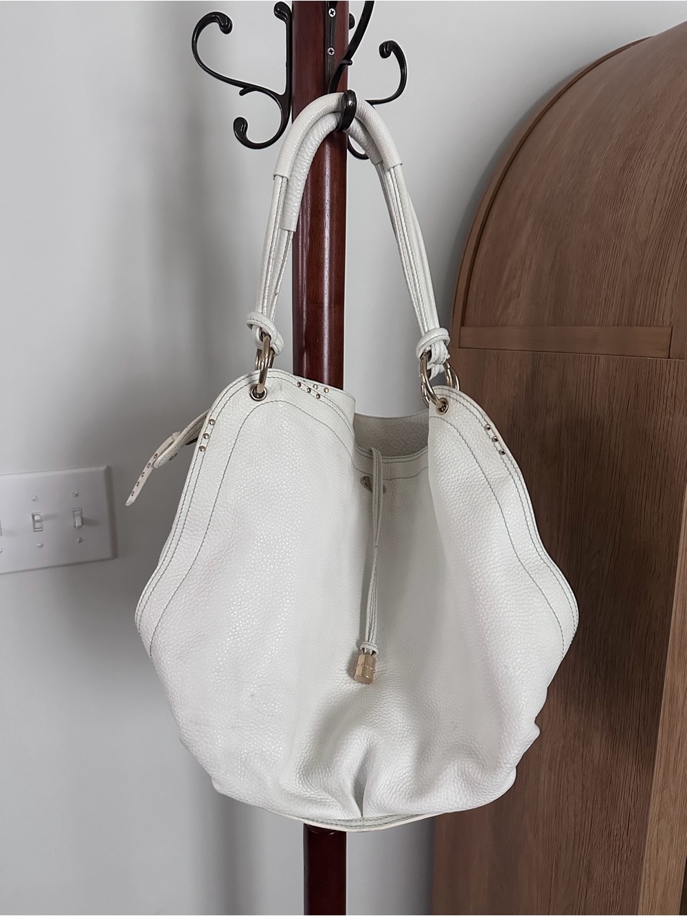 Celine White Pebbled Leather Drawstring Shoulder Bag